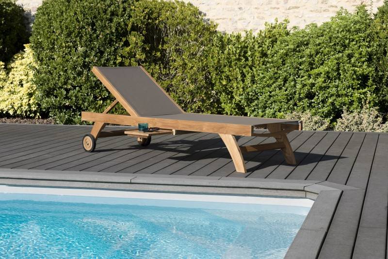 Macabane - FUN - Bain de soleil en bois Teck et textilène couleur taupe - Imagen 2
