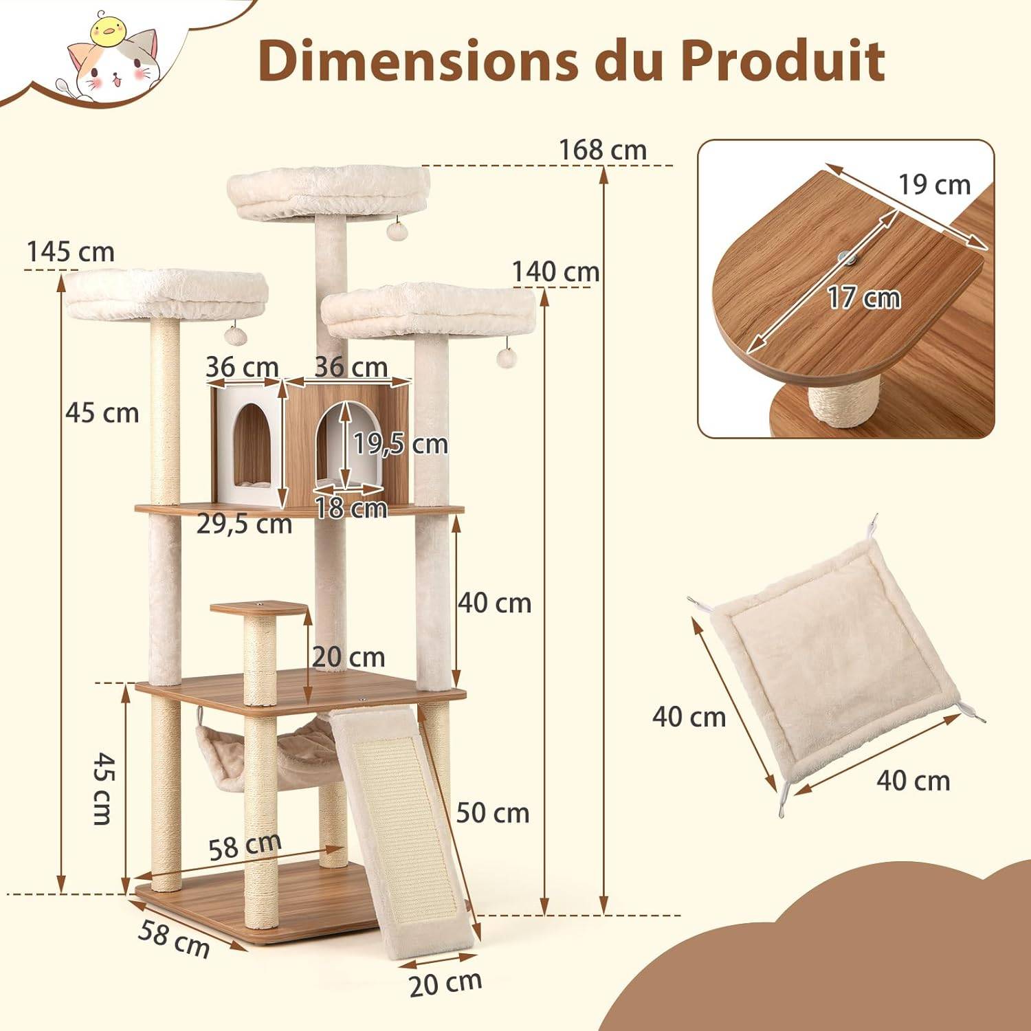 Arbre a Chat XXL 168 cm, Arbre a Chat Bois, 5 Plateformes, 4 Griffoir pour Chat en Sisal, Planche à Griffer, Coussins Lavables,58x58x168 cm - Image 2