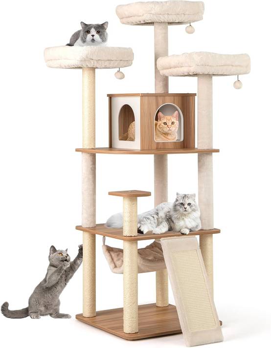 Arbre a Chat XXL 168 cm, Arbre a Chat Bois, 5 Plateformes, 4 Griffoir pour Chat en Sisal, Planche à Griffer, Coussins Lavables,58x58x168 cm - Image 1