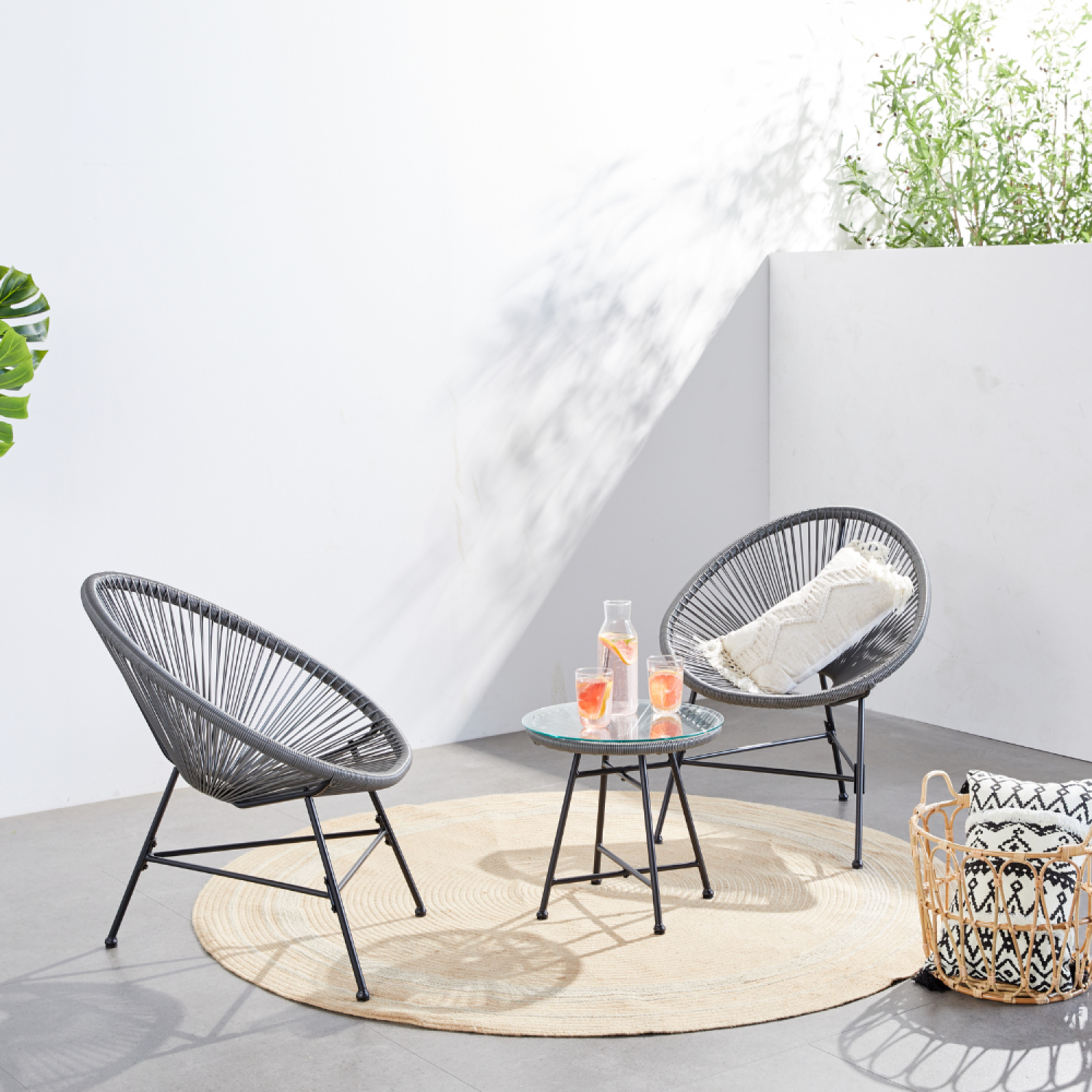 Salon de jardin 2 fauteuils ronds et table basse gris ACAPULCO - Image 2