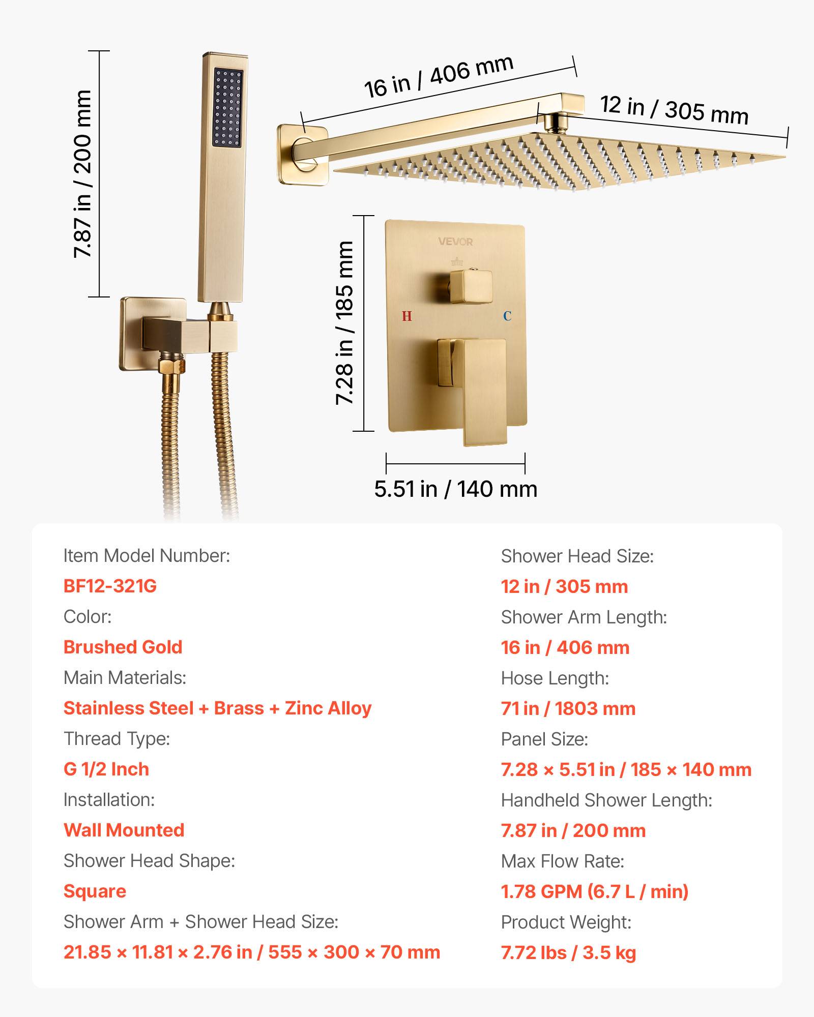 Vevor - VEVOR Kit de Douche avec Douchette de Tête Carrée 30,5 cm et à Main Or Brossé - Image 7