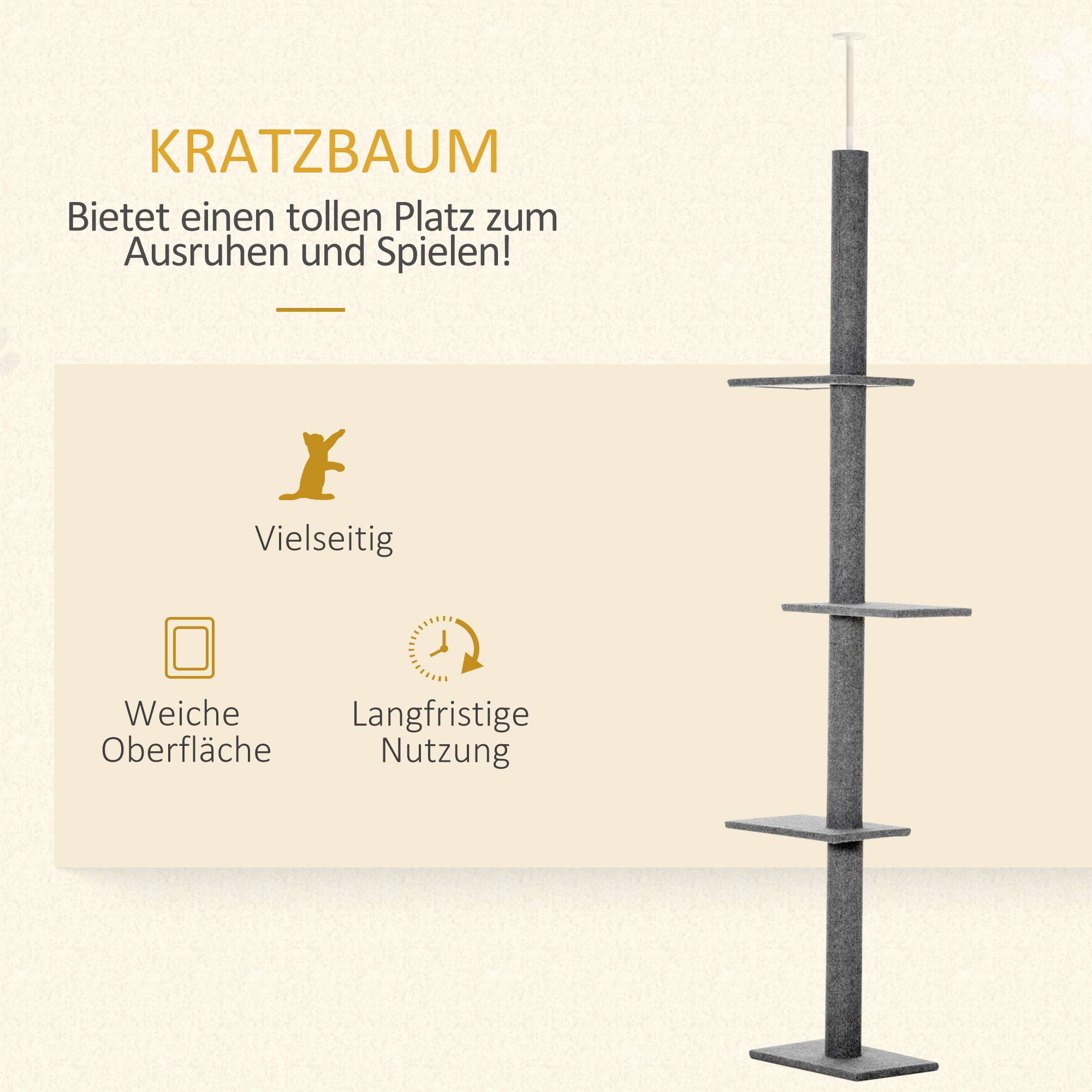 Arbre à chat PawHut jusqu'au plafond, hauteur 228-260 cm, plusieurs niveaux, pour petits et grands chats, gris - Image 6
