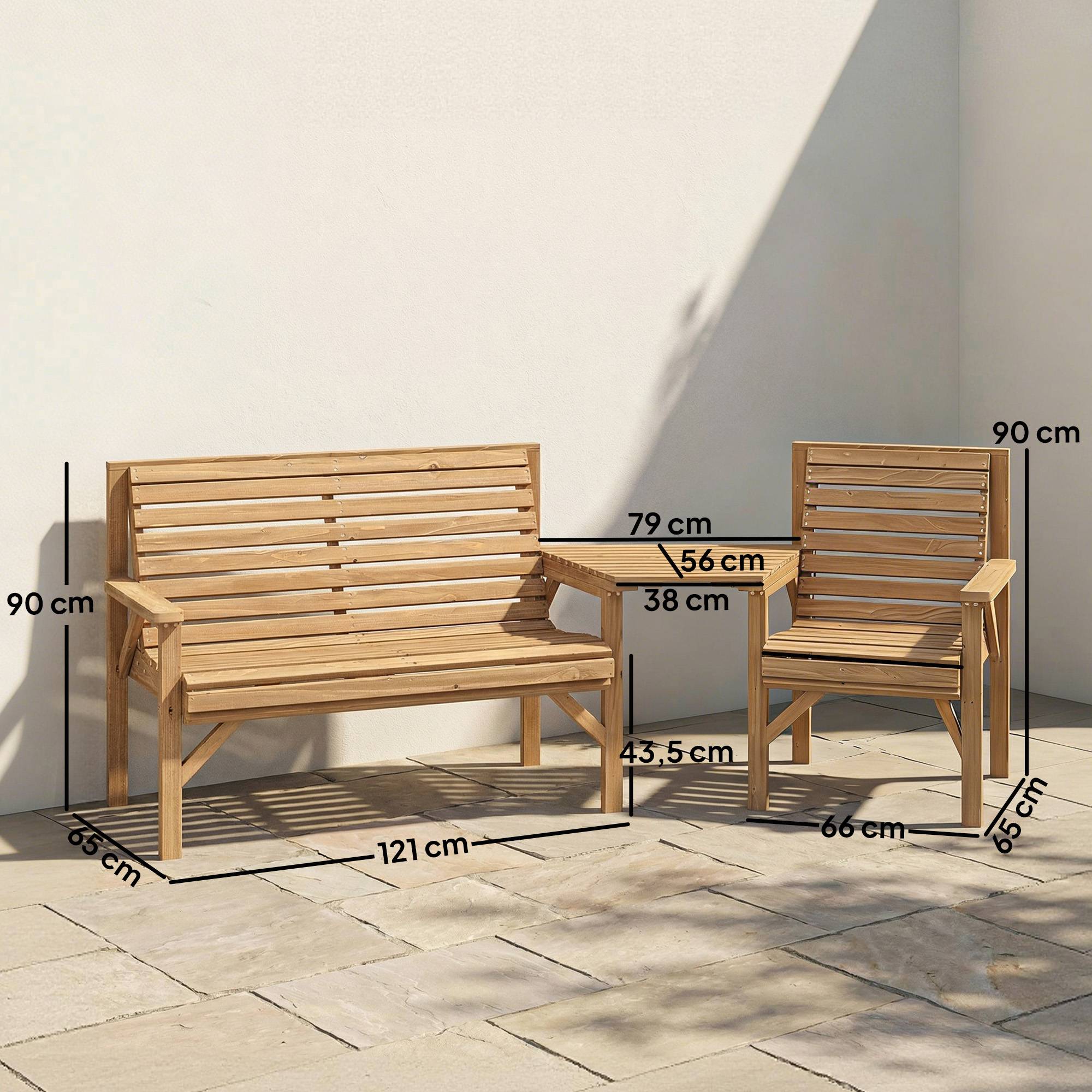 Ensemble de 3 chaises de jardin, mobilier de balcon avec trou pour parasol, chaise de jardin, banc, table amovible, 121 x 65 x 90 cm, bois naturel - Image 5