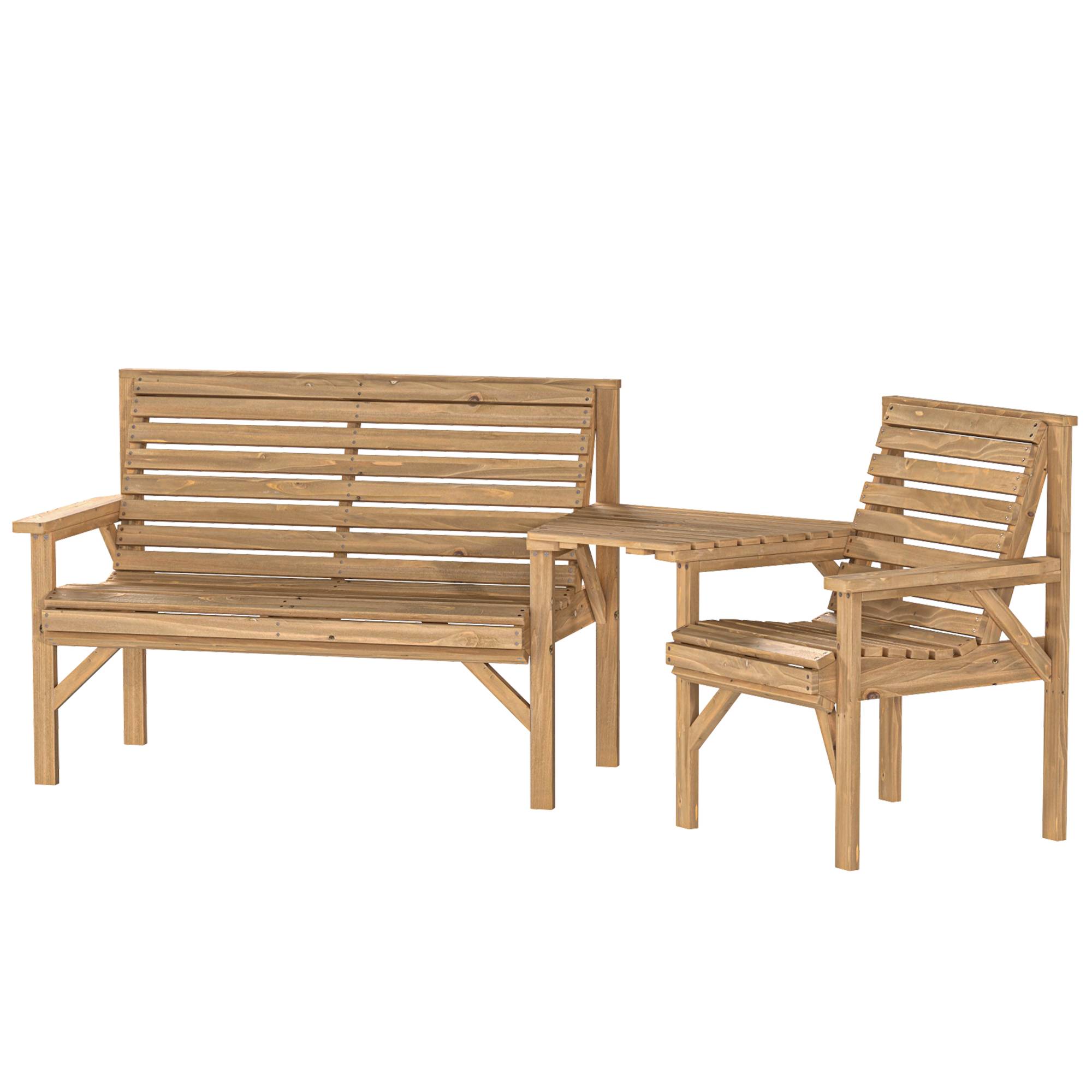 Ensemble de 3 chaises de jardin, mobilier de balcon avec trou pour parasol, chaise de jardin, banc, table amovible, 121 x 65 x 90 cm, bois naturel - Image 2