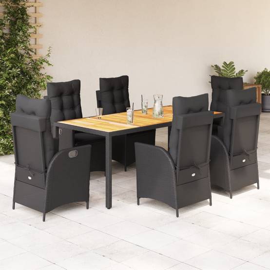 Table et Chaises de Jardin 6 Personnes, Plateau en Acacia 190cm, Fauteuils Inclinables Résine Tressée Noire – ComfortXL Outdoor Living - Image 1