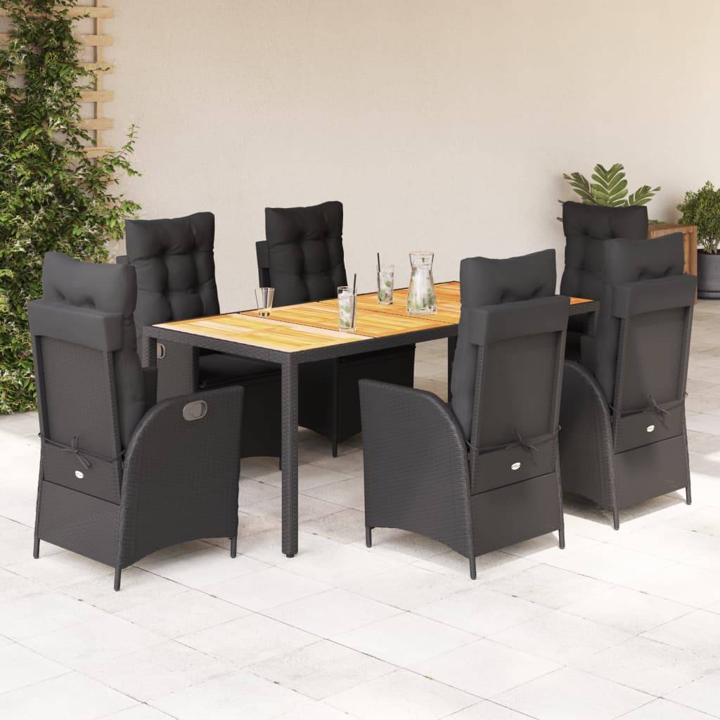 Table et Chaises de Jardin 6 Personnes, Plateau en Acacia 190cm, Fauteuils Inclinables Résine Tressée Noire – ComfortXL Outdoor Living - Image 1