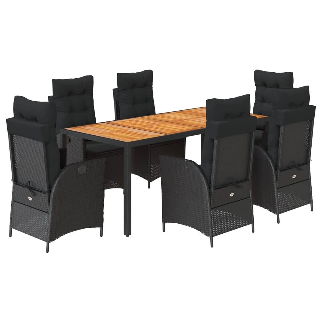 Table et Chaises de Jardin 6 Personnes, Plateau en Acacia 190cm, Fauteuils Inclinables Résine Tressée Noire – ComfortXL Outdoor Living - Image 2