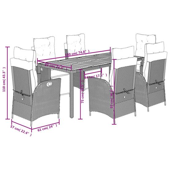Table et Chaises de Jardin 6 Personnes, Plateau en Acacia 190cm, Fauteuils Inclinables Résine Tressée Noire – ComfortXL Outdoor Living - Image 9