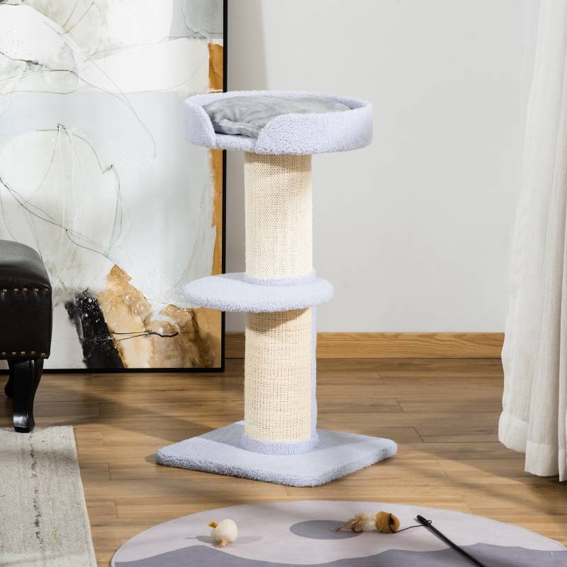 Arbre à chat support 30kg, poteau à griffer, plateforme, sisal bleu clair 45x45x91cm - Image 2