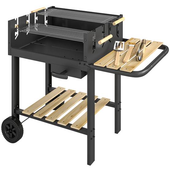 Chariot à barbecue de bois avec 2 grilles réglables, barbecue au charbon de bois sur roulettes, tablette latérale, noir - Image 10