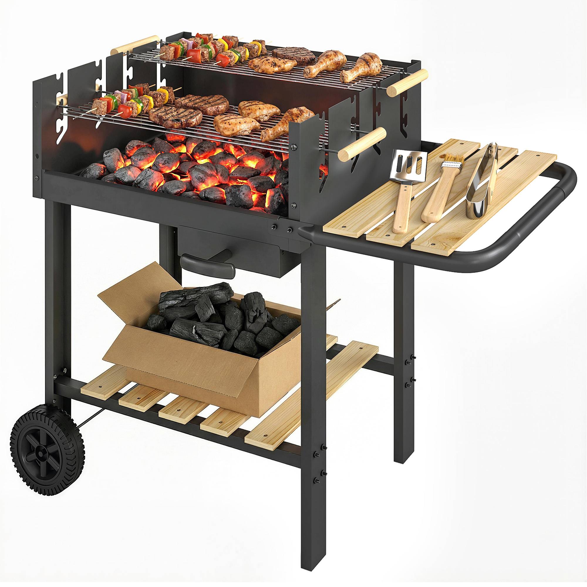 Chariot à barbecue de bois avec 2 grilles réglables, barbecue au charbon de bois sur roulettes, tablette latérale, noir - Image 1