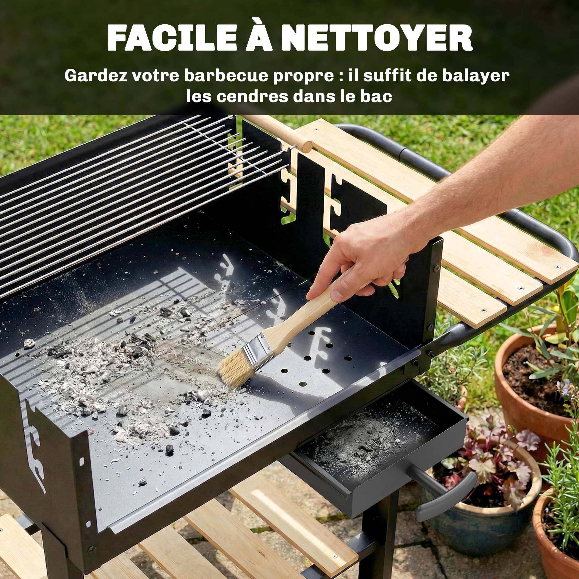 Chariot à barbecue de bois avec 2 grilles réglables, barbecue au charbon de bois sur roulettes, tablette latérale, noir - Image 9