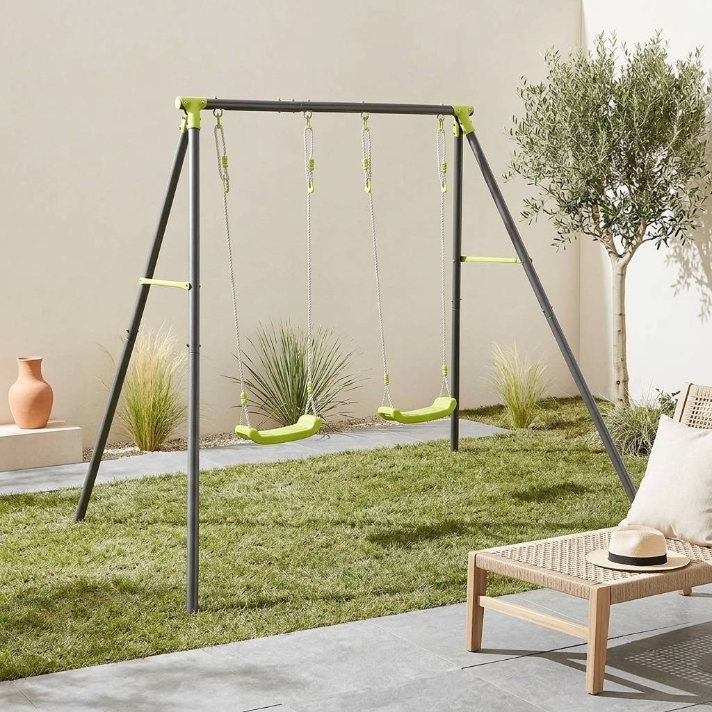 sweeek - Portique balançoire double en métal BISE. 2 places. noir et vert. acier. L 217 x P 153 x H 195 cm | sweeek