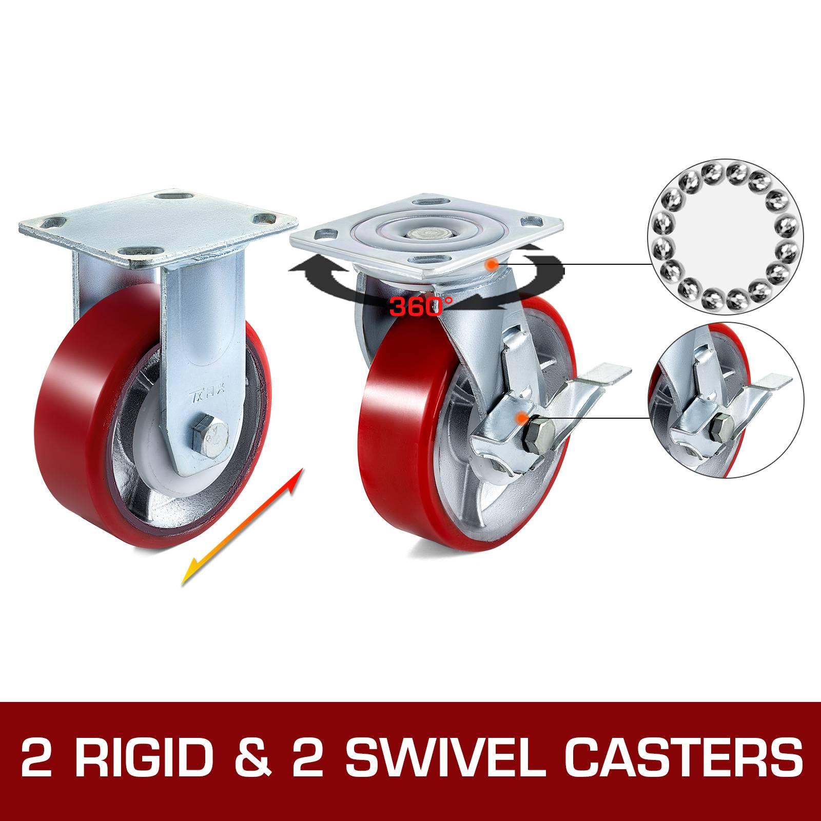 VEVOR Roulettes 15cm, 2 rigides/2 pivotantes, frein latéral, charge 450kg/roue - Image 2
