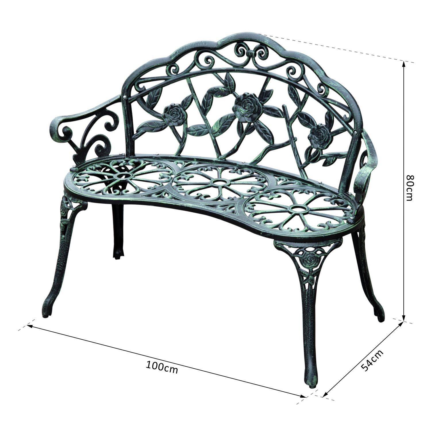 Outsunny - Banc de jardin 2 places style néo-rétro motif rose lignes fuselées 100L x 54l x 78H cm fonte d'aluminium vert vieilli - Outsunny - Imagen 4