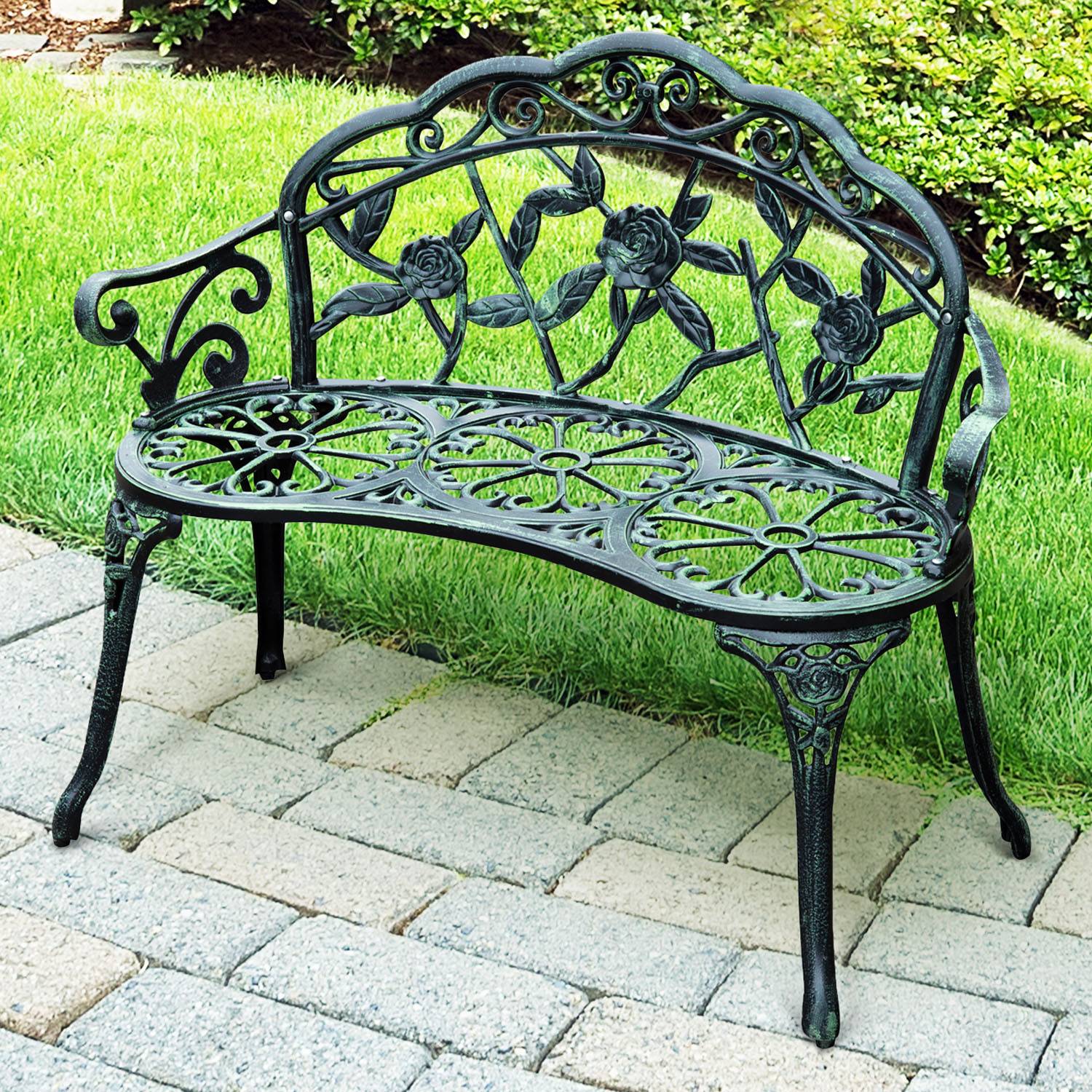 Outsunny - Banc de jardin 2 places style néo-rétro motif rose lignes fuselées 100L x 54l x 78H cm fonte d'aluminium vert vieilli - Outsunny - Imagen 2