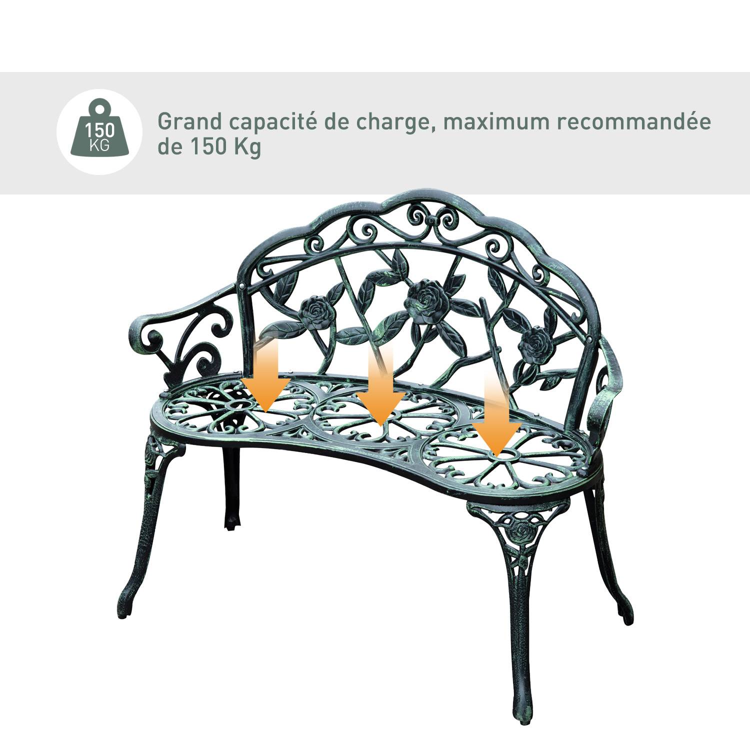 Outsunny - Banc de jardin 2 places style néo-rétro motif rose lignes fuselées 100L x 54l x 78H cm fonte d'aluminium vert vieilli - Outsunny - Imagen 5
