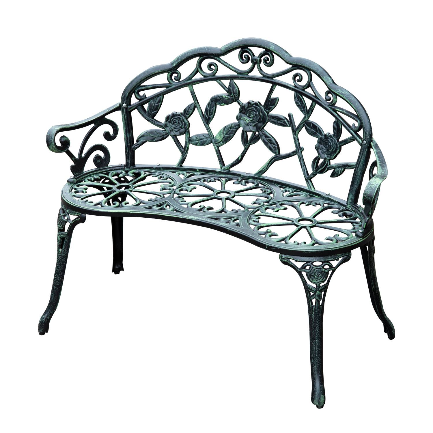 Outsunny - Banc de jardin 2 places style néo-rétro motif rose lignes fuselées 100L x 54l x 78H cm fonte d'aluminium vert vieilli - Outsunny - Imagen 1