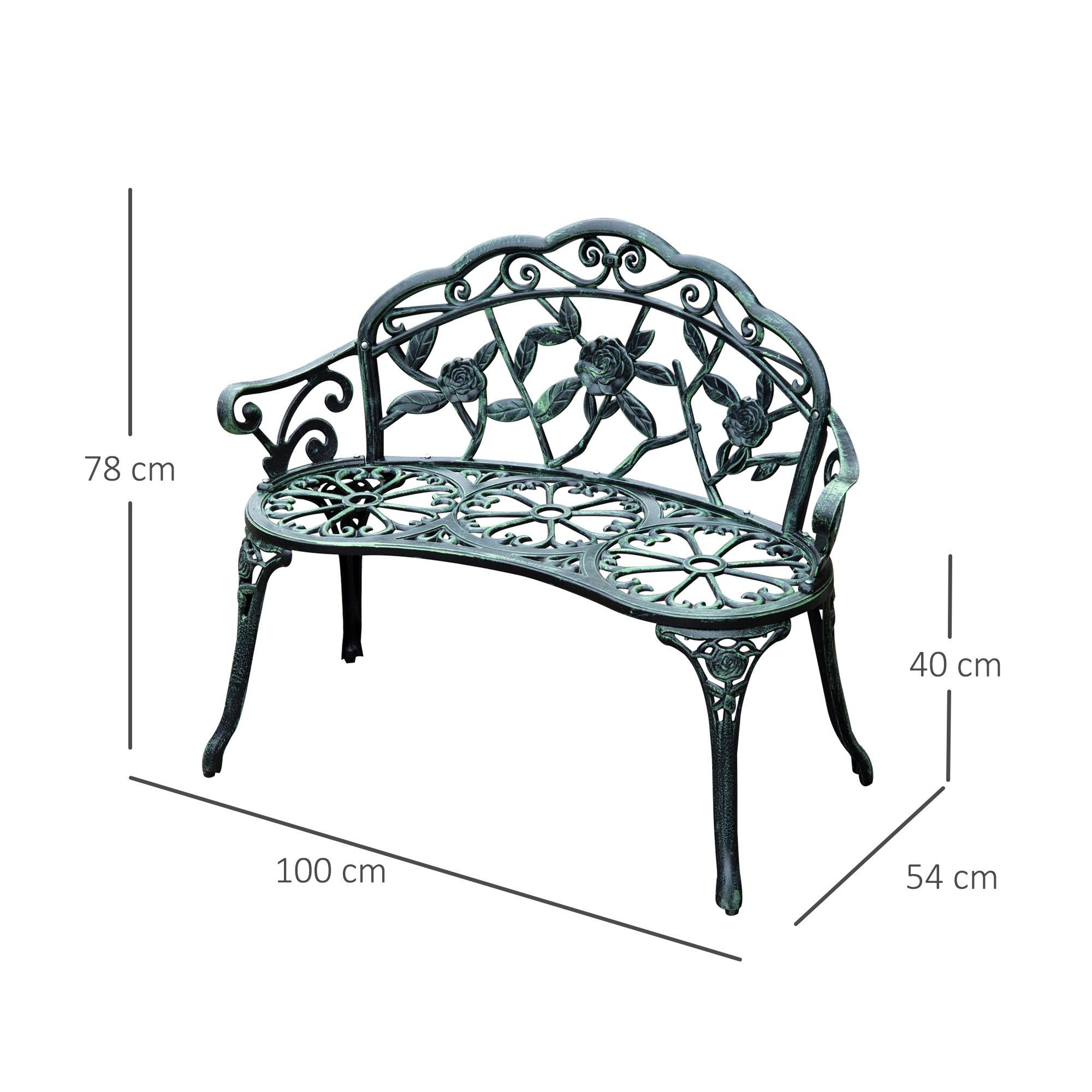 Outsunny - Banc de jardin 2 places style néo-rétro motif rose lignes fuselées 100L x 54l x 78H cm fonte d'aluminium vert vieilli - Outsunny - Imagen 3