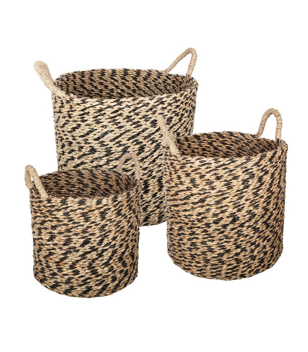 Set de 3 Paniers de rangement rond en Osier Noir et Naturel - Imagen 1