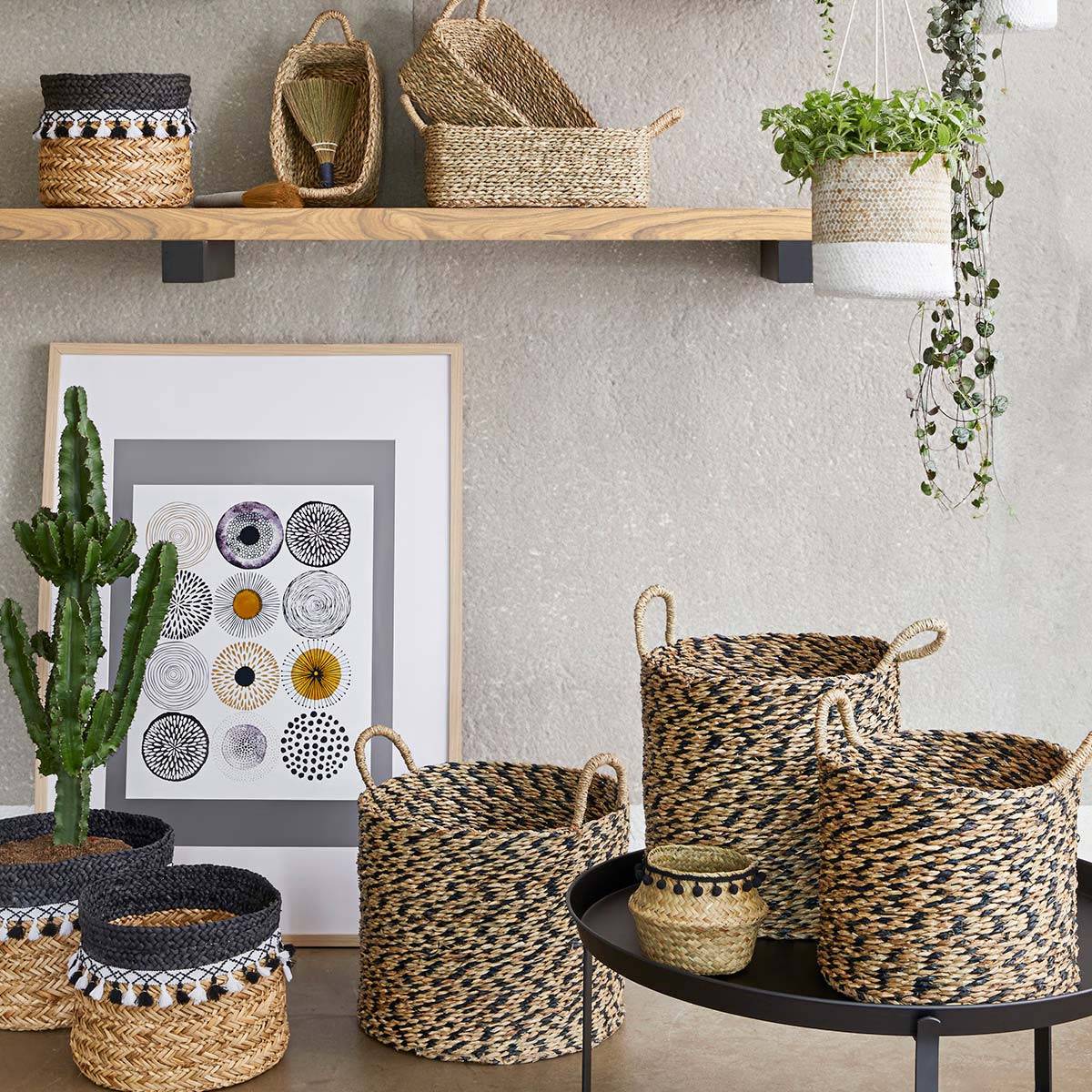 Set de 3 Paniers de rangement rond en Osier Noir et Naturel - Imagen 8