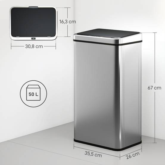 Sans Marque - Poubelle acier inoxydable 50 L couvercle fermeture amortie détecteur mouvement 35,5x26x67 cm argent - Image 5