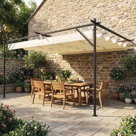 Pergola Adossée Acier Toile Rétractable Coulissante Drainage 3x4m Blanc Crème - ComfortXL Outdoor Living - Image 4