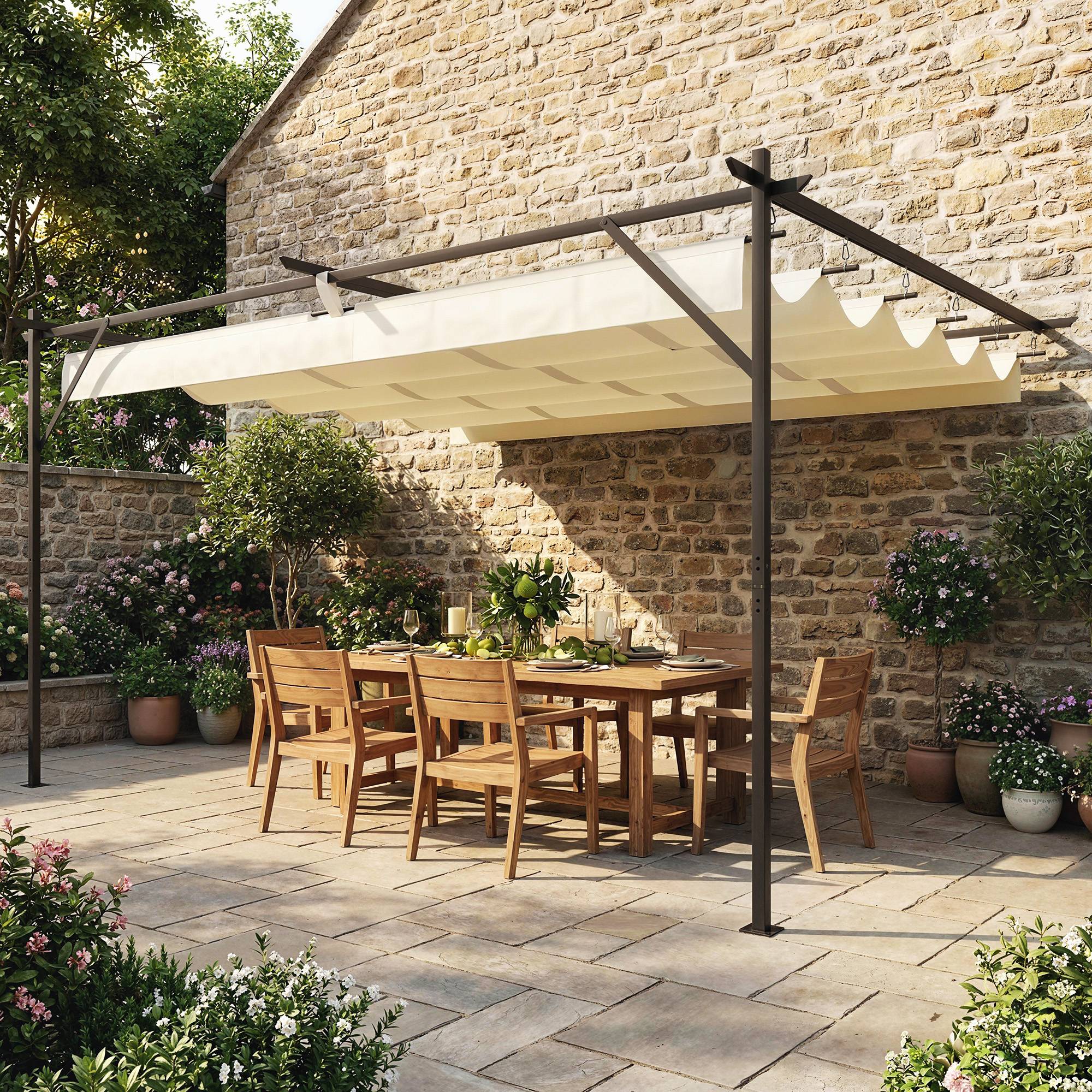 Pergola Adossée Acier Toile Rétractable Coulissante Drainage 3x4m Blanc Crème - ComfortXL Outdoor Living - Image 4