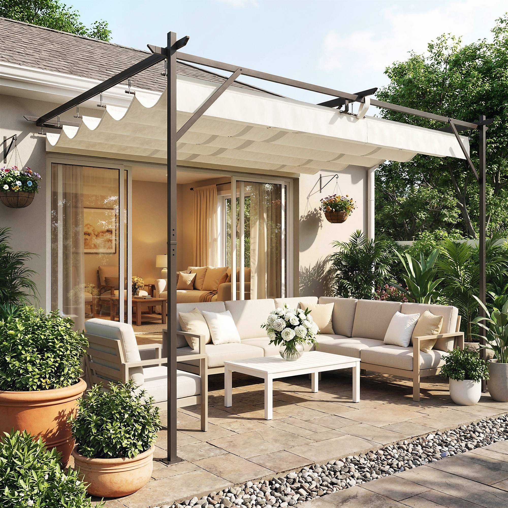 Pergola Adossée Acier Toile Rétractable Coulissante Drainage 3x4m Blanc Crème - ComfortXL Outdoor Living - Image 3