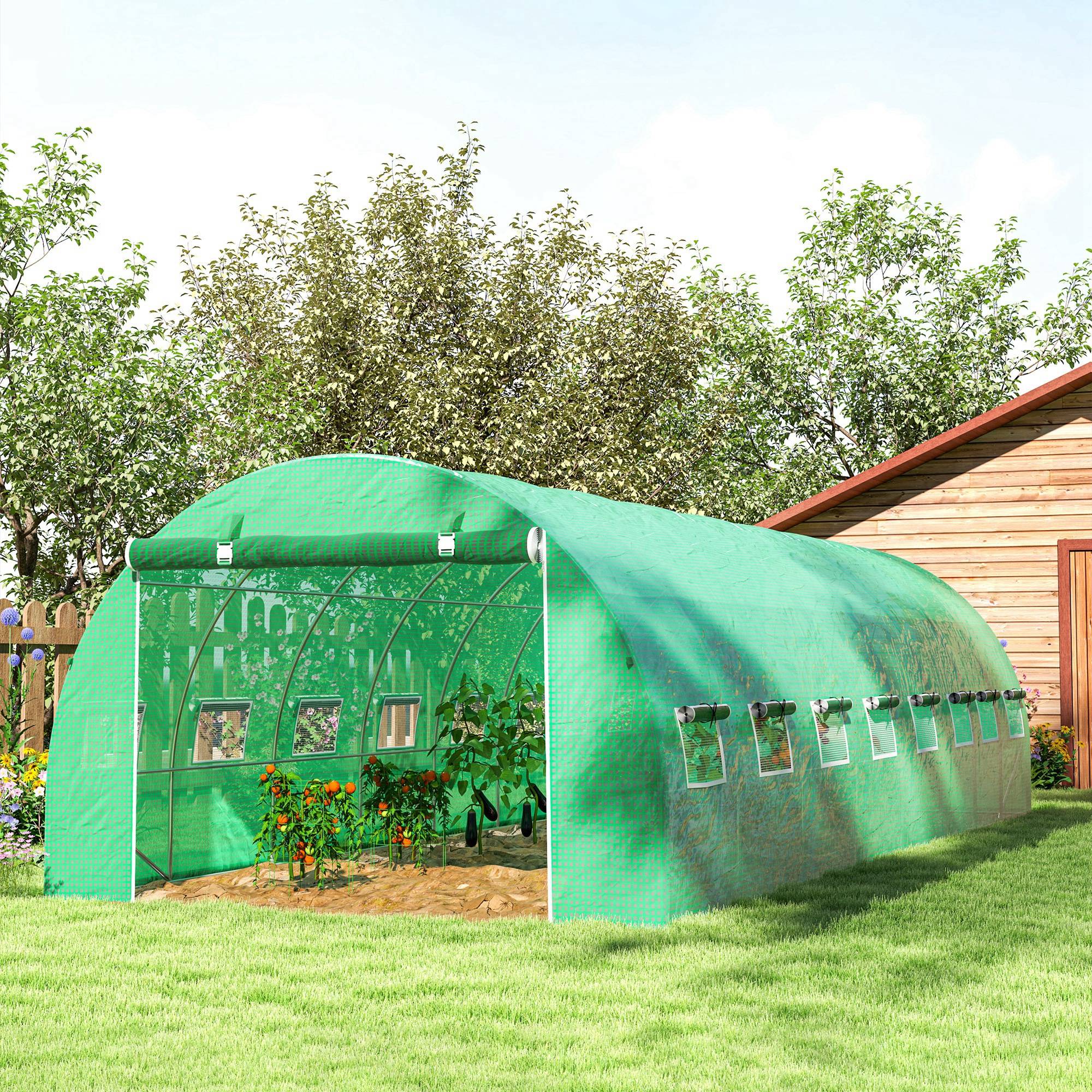 Serre de jardin tunnel 24m² 8L x 3l x 2H m - 16 fenêtres, Porte zippée enroulable acier galvanisé, bâche PE, Vert - Image 4