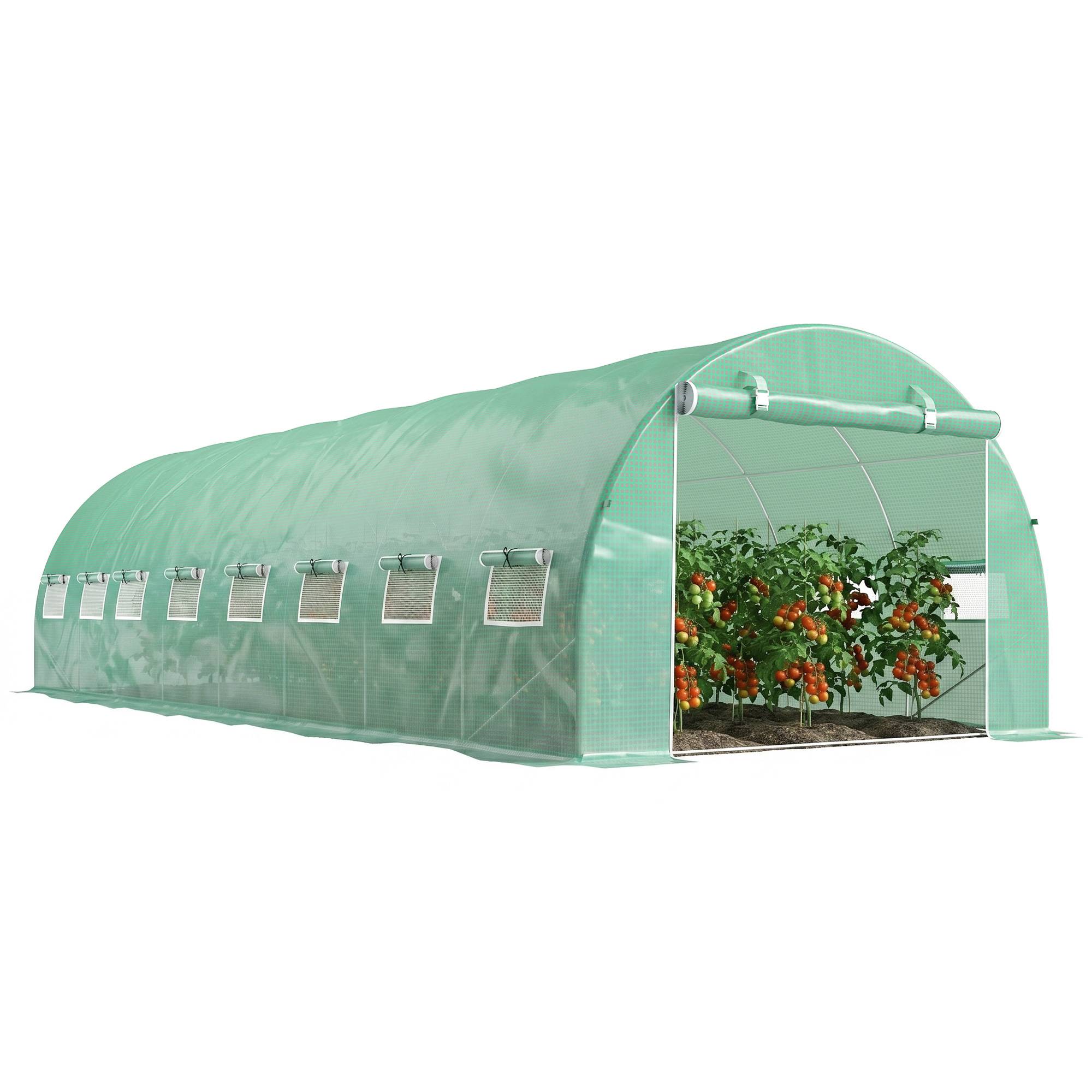 Serre de jardin tunnel 24m² 8L x 3l x 2H m - 16 fenêtres, Porte zippée enroulable acier galvanisé, bâche PE, Vert