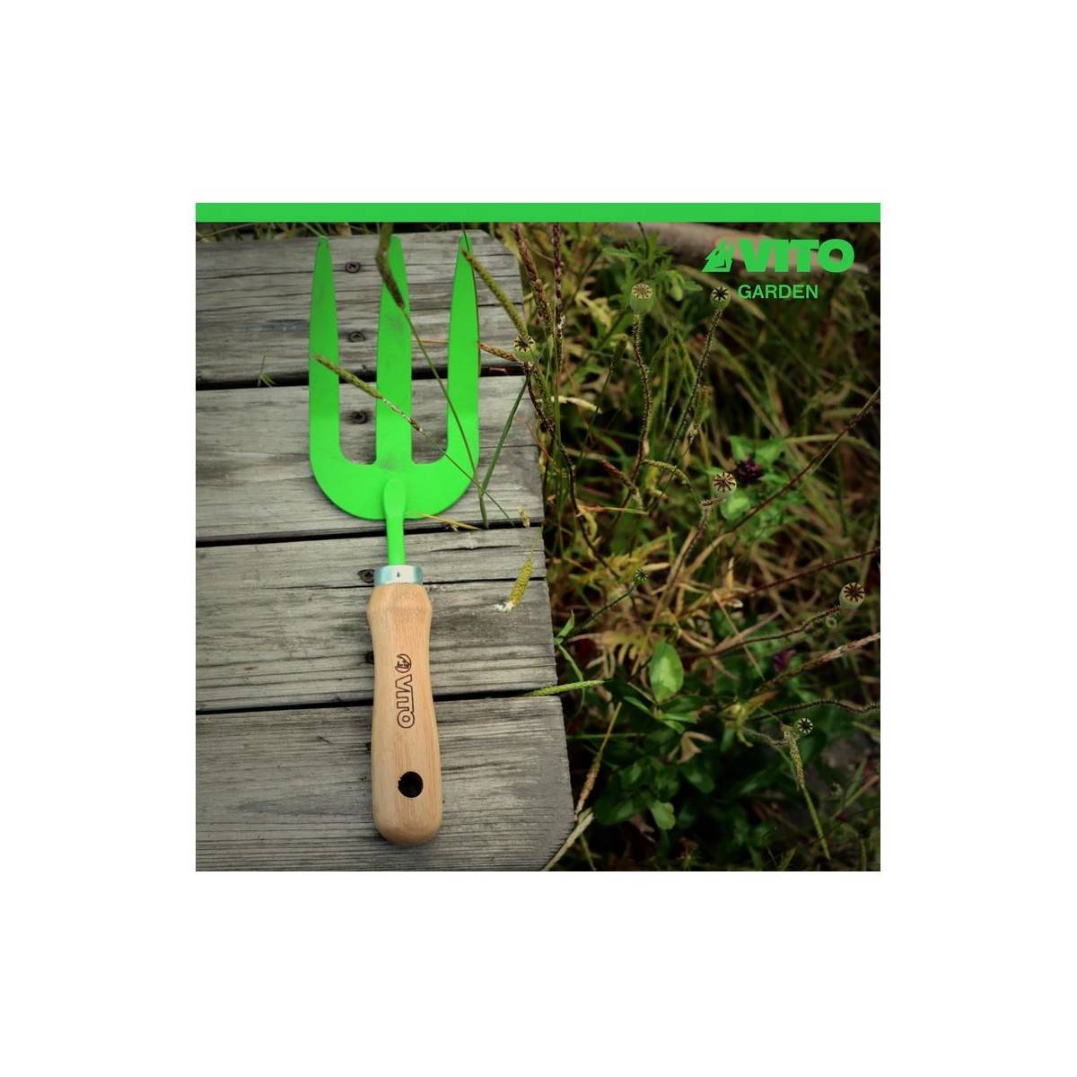 Rateau de jardin 3 dents Outil de jardin Acier et manche bois de hêtre VITO - Imagen 4