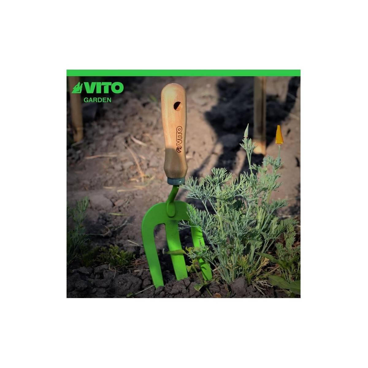 Rateau de jardin 3 dents Outil de jardin Acier et manche bois de hêtre VITO - Imagen 5