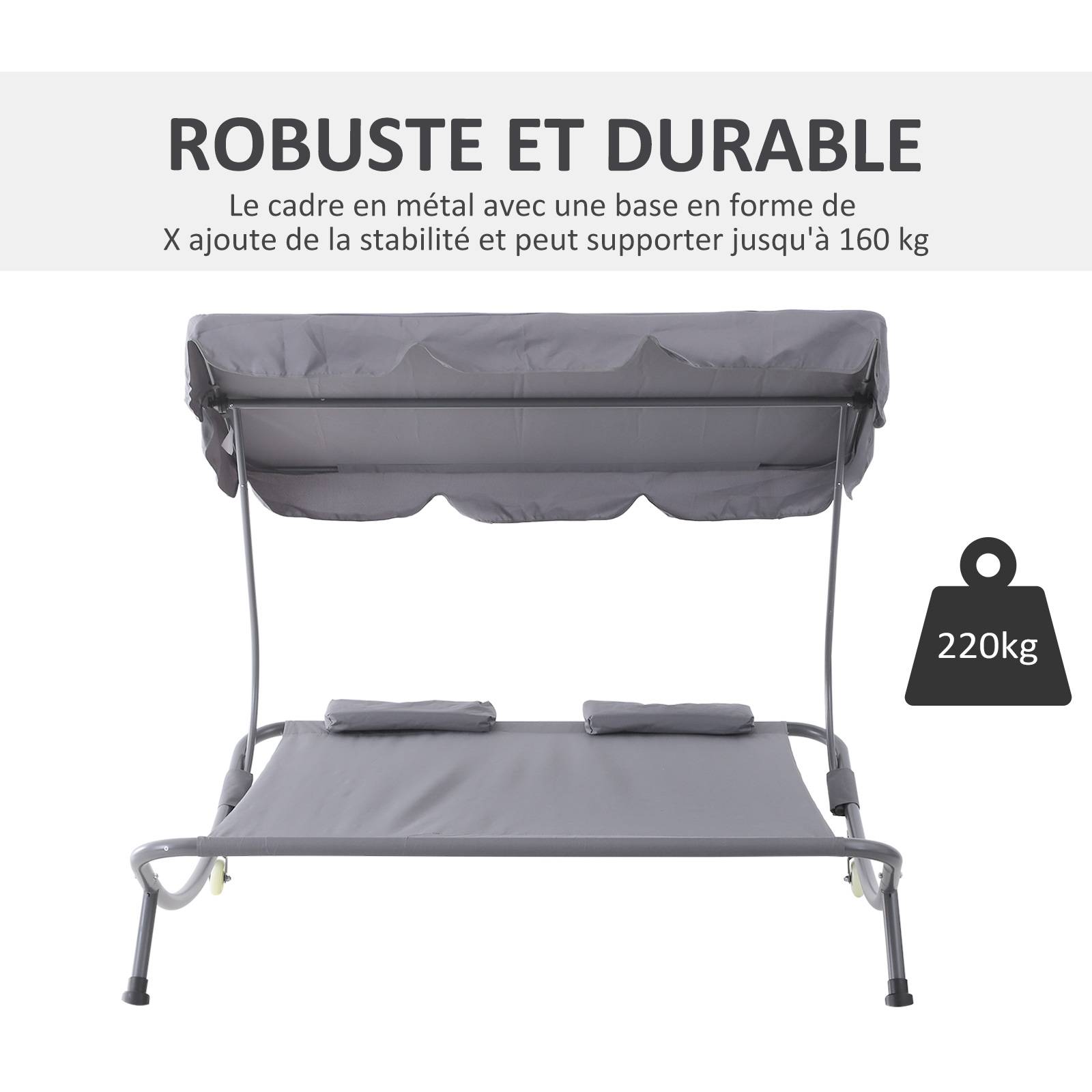 Outsunny - Bain de soleil 2 places lit de jardin design contemporain toit réglable 2 roulettes 2 oreillers acier époxy polyester gris - Outsunny - Imagen 6