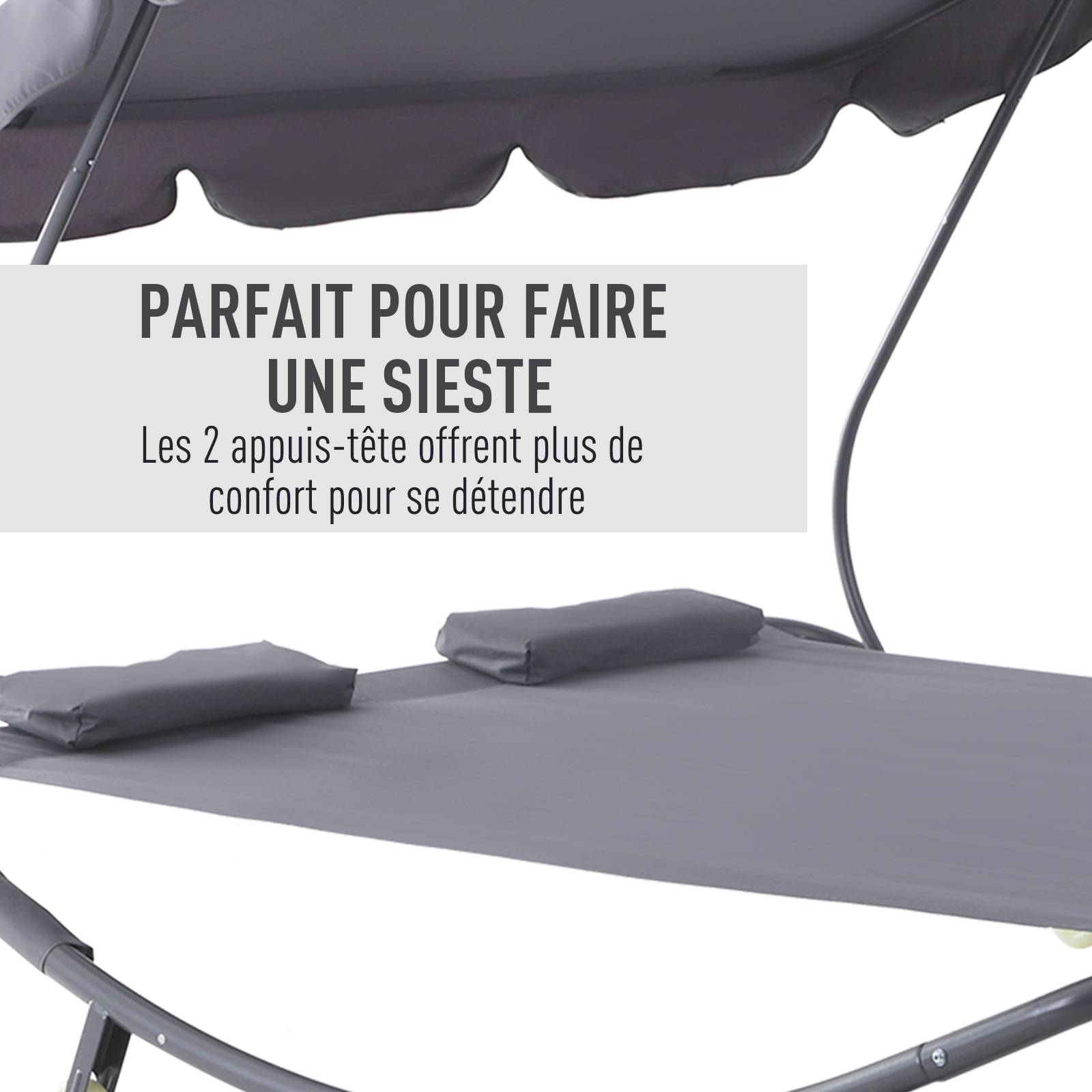 Outsunny - Bain de soleil 2 places lit de jardin design contemporain toit réglable 2 roulettes 2 oreillers acier époxy polyester gris - Outsunny - Imagen 5