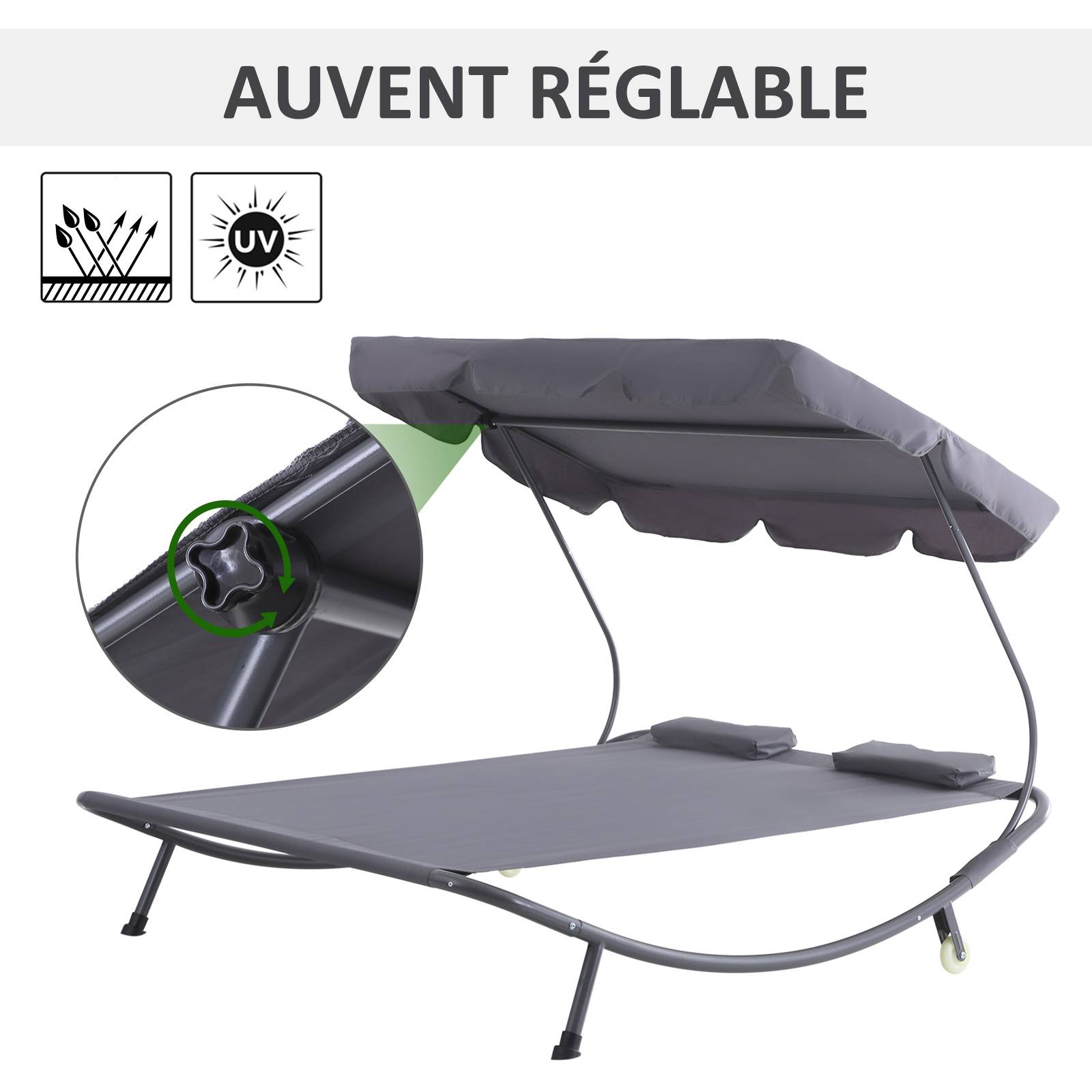 Outsunny - Bain de soleil 2 places lit de jardin design contemporain toit réglable 2 roulettes 2 oreillers acier époxy polyester gris - Outsunny - Imagen 4