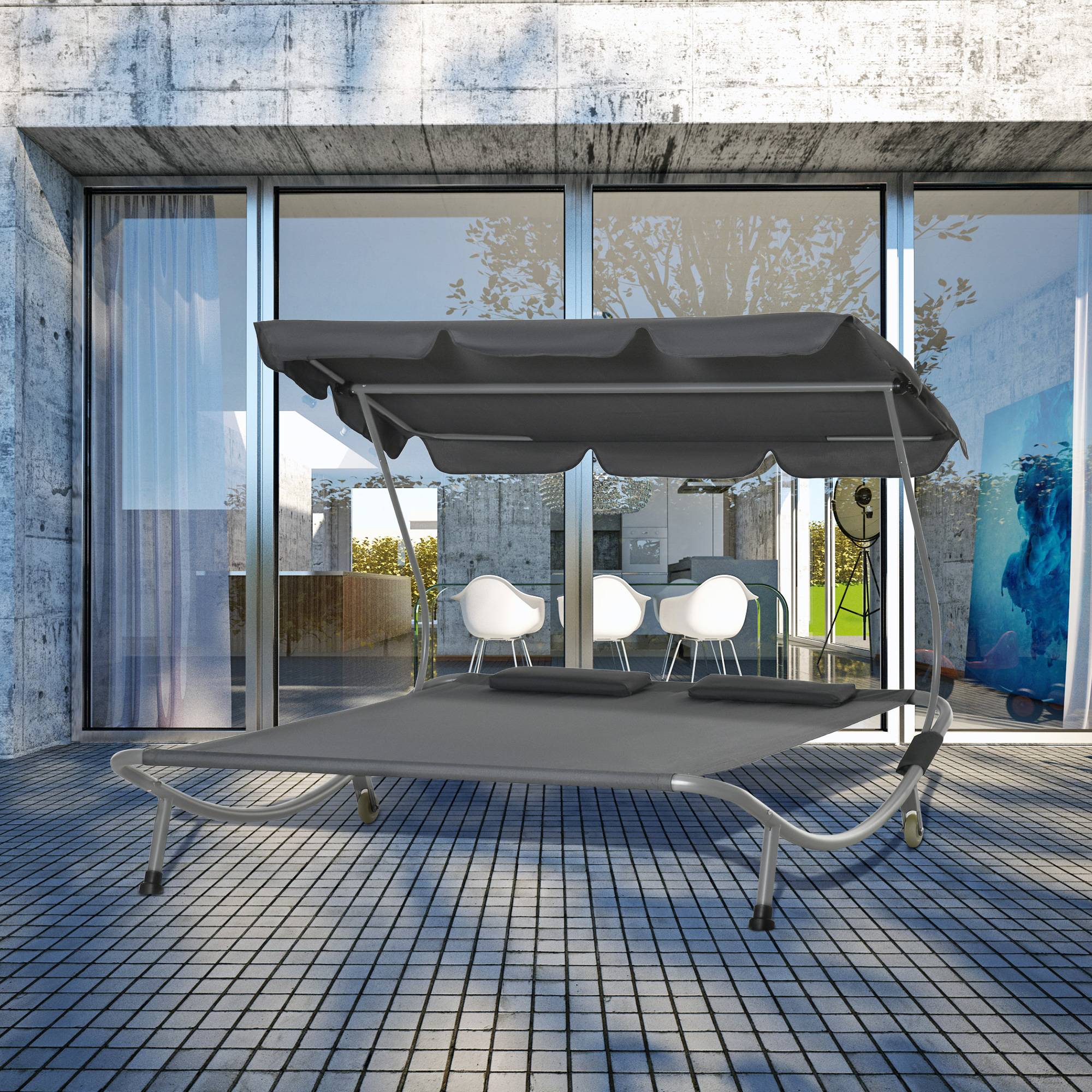 Outsunny - Bain de soleil 2 places lit de jardin design contemporain toit réglable 2 roulettes 2 oreillers acier époxy polyester gris - Outsunny - Imagen 2