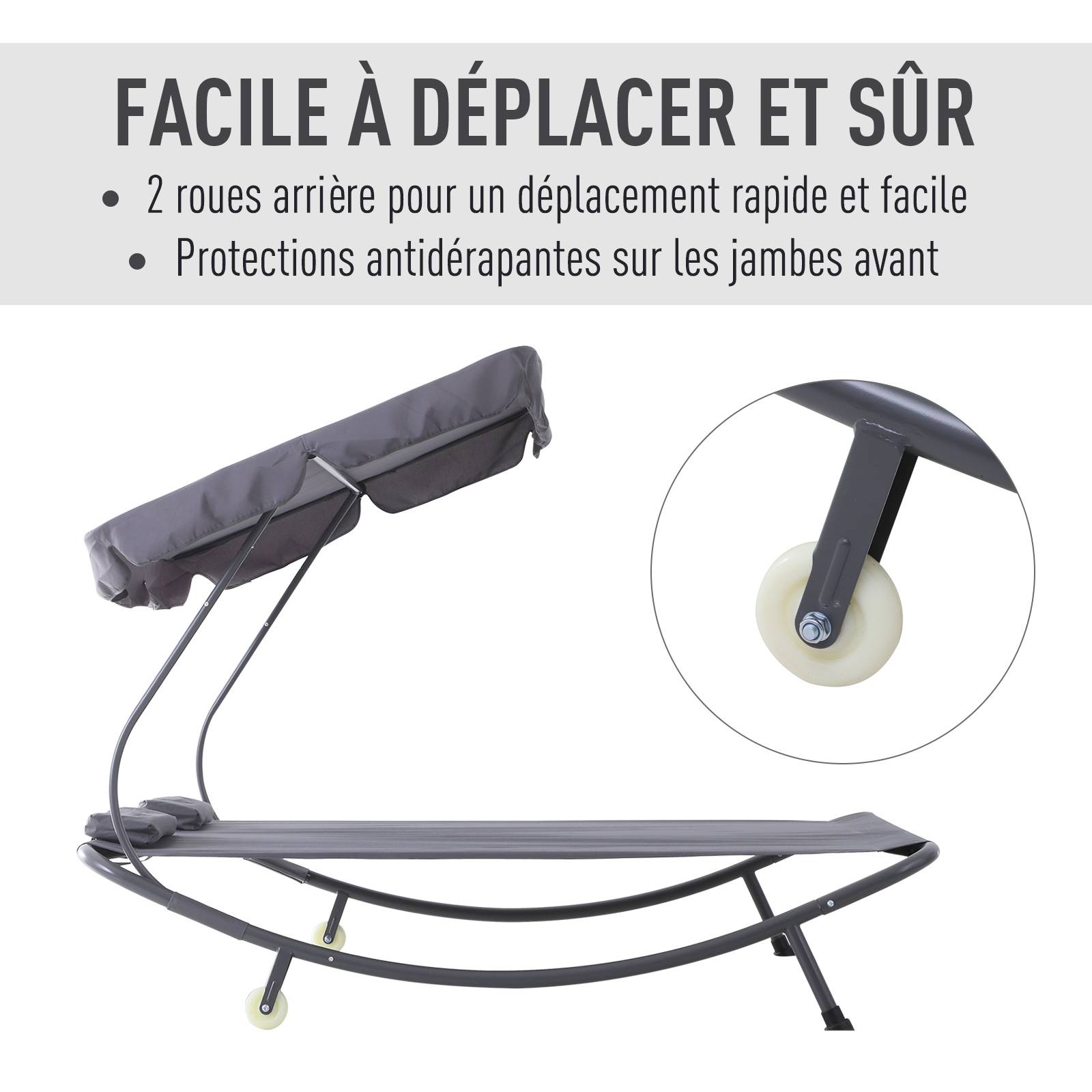 Outsunny - Bain de soleil 2 places lit de jardin design contemporain toit réglable 2 roulettes 2 oreillers acier époxy polyester gris - Outsunny - Imagen 7