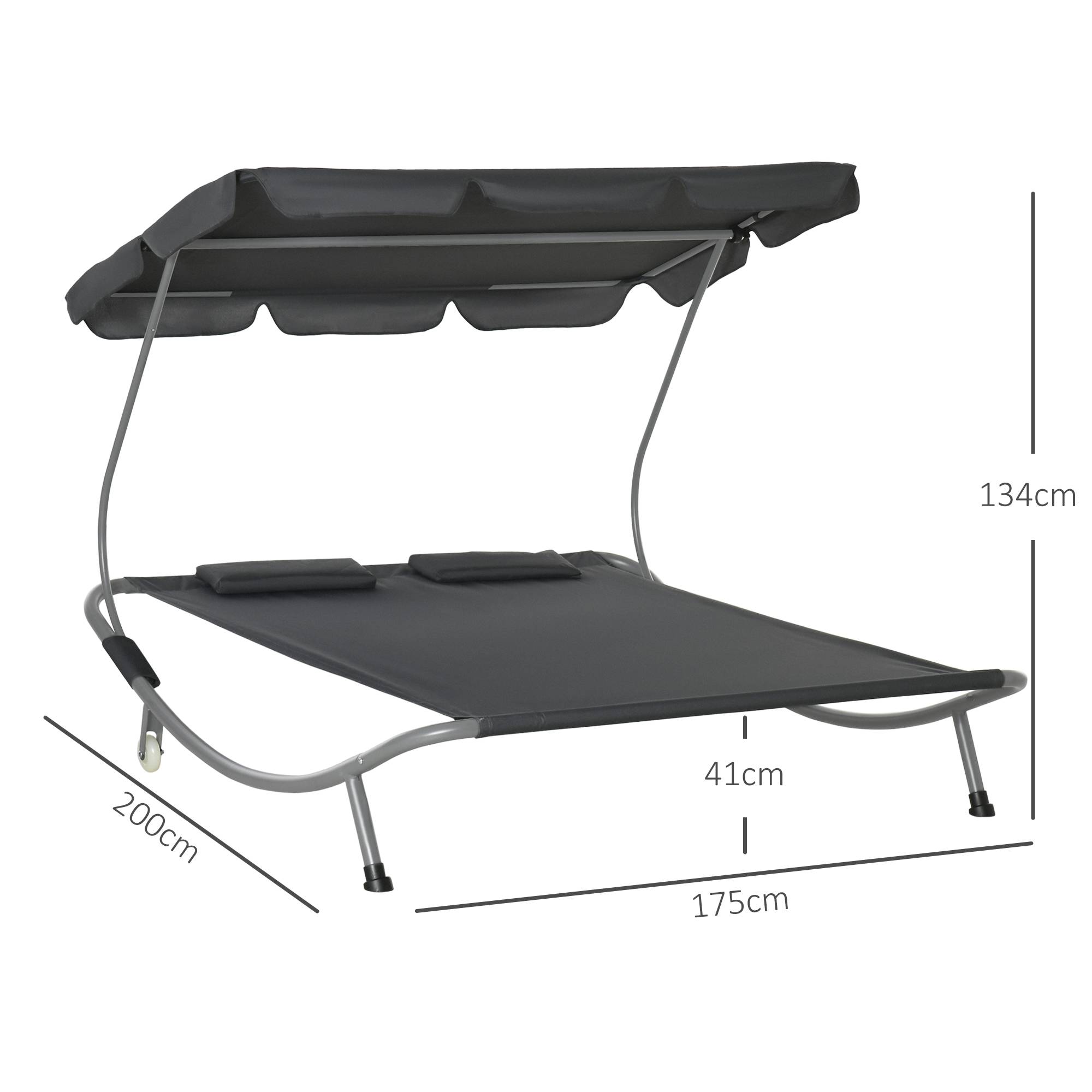 Outsunny - Bain de soleil 2 places lit de jardin design contemporain toit réglable 2 roulettes 2 oreillers acier époxy polyester gris - Outsunny - Imagen 3