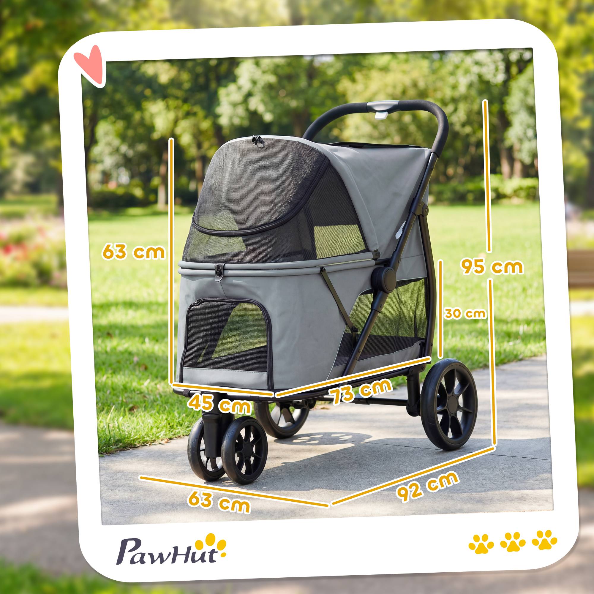 Poussette pliable pour chien à 3 roues, fenêtres en filet, coussin lavable, tout terrain, capacité de charge 20 kg, 92 x 63 x 95 cm, grise - Image 5
