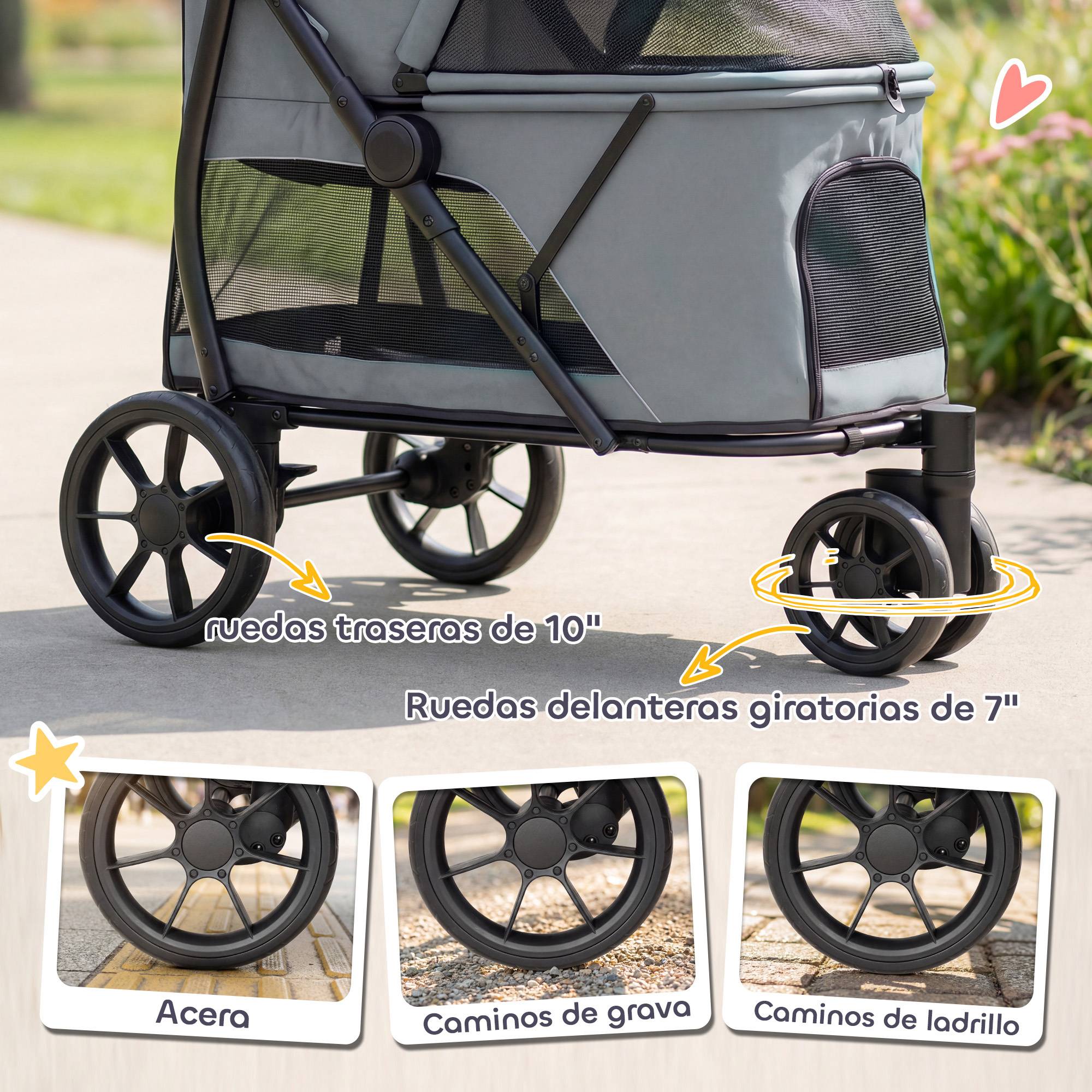 Poussette pliable pour chien à 3 roues, fenêtres en filet, coussin lavable, tout terrain, capacité de charge 20 kg, 92 x 63 x 95 cm, grise - Image 7