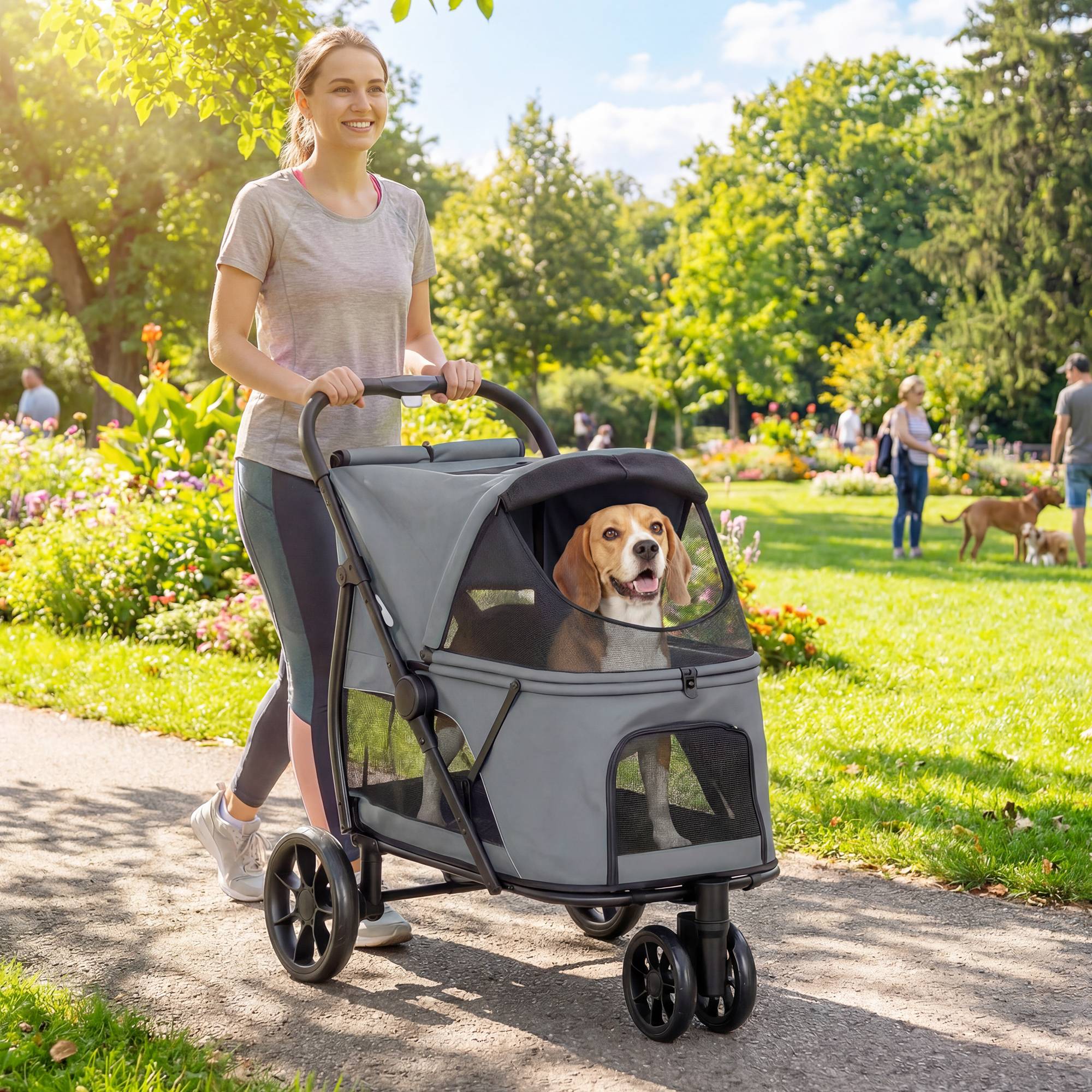 Poussette pliable pour chien à 3 roues, fenêtres en filet, coussin lavable, tout terrain, capacité de charge 20 kg, 92 x 63 x 95 cm, grise - Image 4