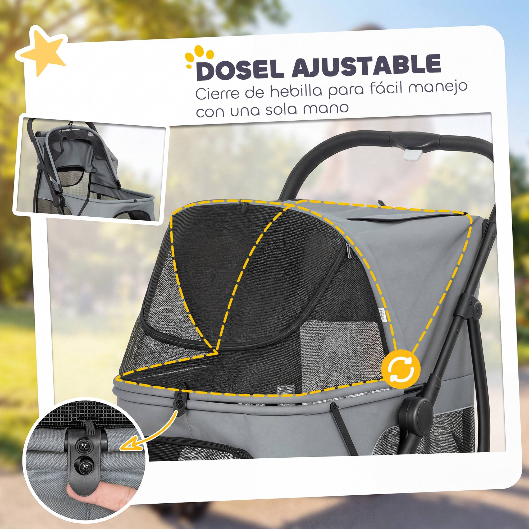 Poussette pliable pour chien à 3 roues, fenêtres en filet, coussin lavable, tout terrain, capacité de charge 20 kg, 92 x 63 x 95 cm, grise - Image 8