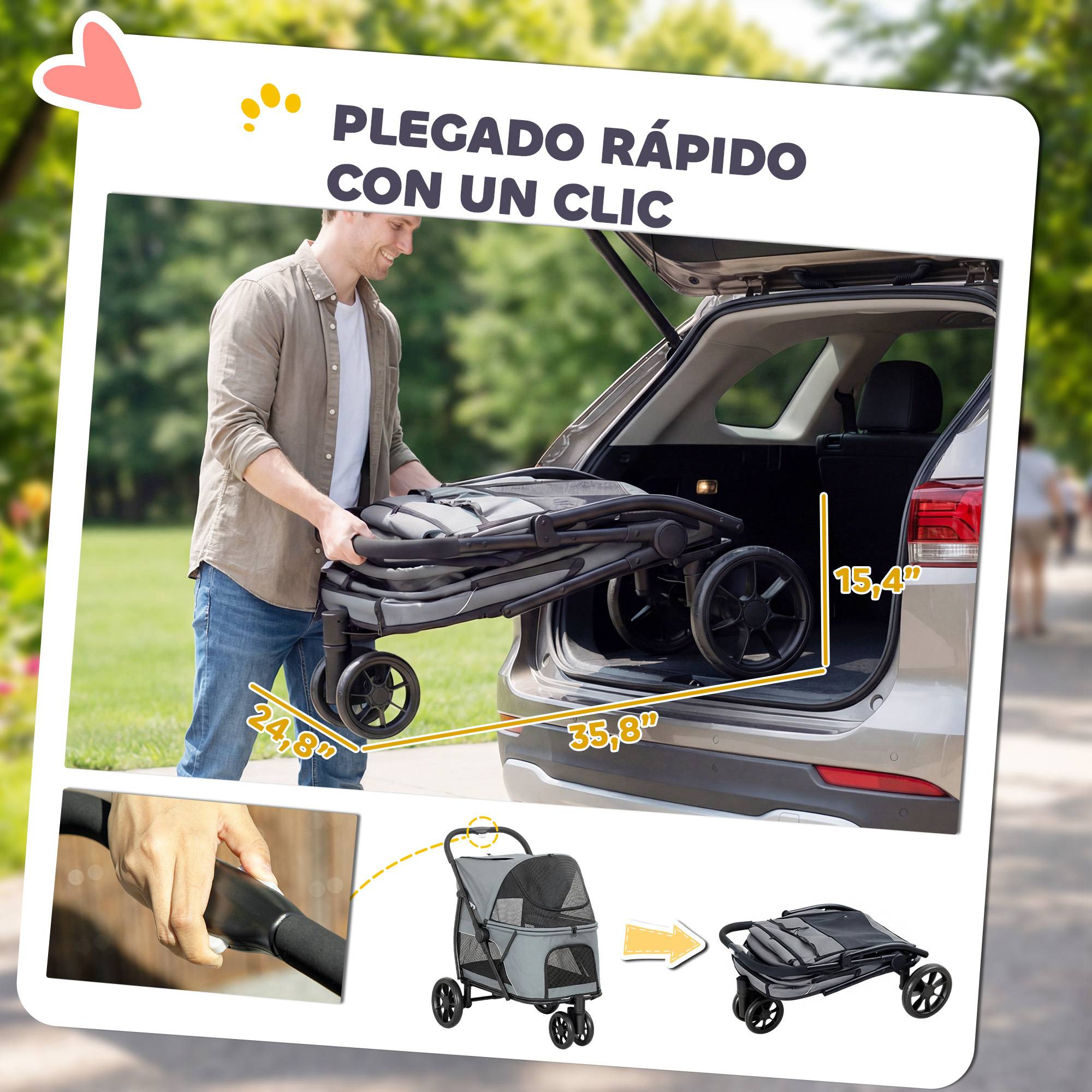 Poussette pliable pour chien à 3 roues, fenêtres en filet, coussin lavable, tout terrain, capacité de charge 20 kg, 92 x 63 x 95 cm, grise - Image 6