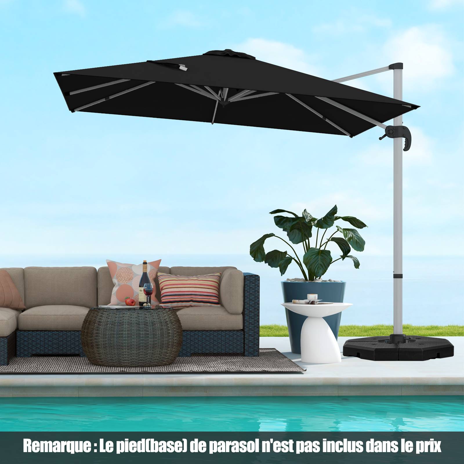 Costway - Parasol Déporté Inclinable 3x3M, Base en Croix, 5 Angles, Hauteurs Réglables, Parasol Excentré Rotatif à 360° avec Manivelle, Double Toit,Noir - Image 4