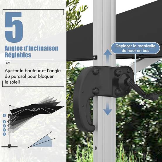 Costway - Parasol Déporté Inclinable 3x3M, Base en Croix, 5 Angles, Hauteurs Réglables, Parasol Excentré Rotatif à 360° avec Manivelle, Double Toit,Noir - Image 6