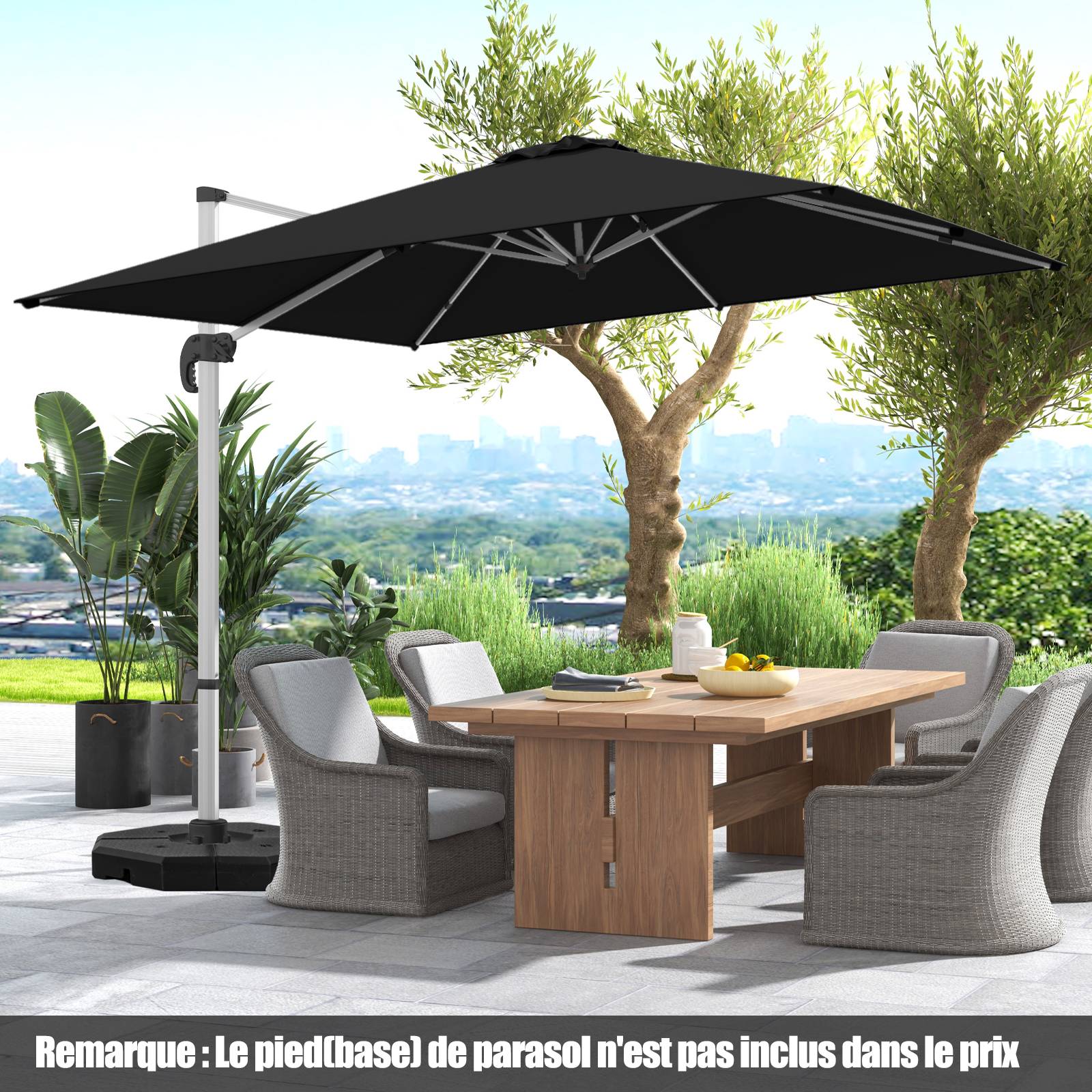 Costway - Parasol Déporté Inclinable 3x3M, Base en Croix, 5 Angles, Hauteurs Réglables, Parasol Excentré Rotatif à 360° avec Manivelle, Double Toit,Noir - Image 2