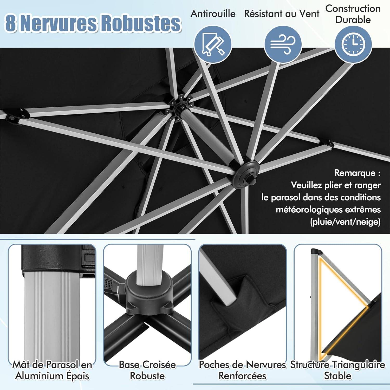 Costway - Parasol Déporté Inclinable 3x3M, Base en Croix, 5 Angles, Hauteurs Réglables, Parasol Excentré Rotatif à 360° avec Manivelle, Double Toit,Noir - Image 9