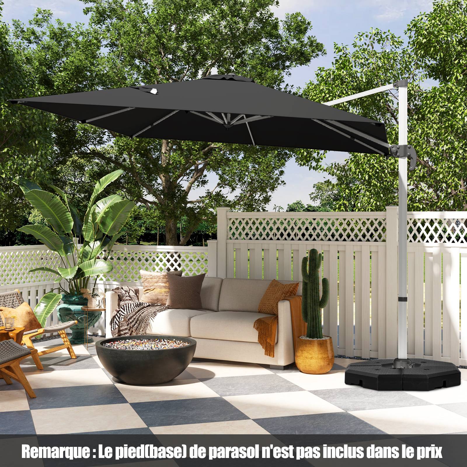 Costway - Parasol Déporté Inclinable 3x3M, Base en Croix, 5 Angles, Hauteurs Réglables, Parasol Excentré Rotatif à 360° avec Manivelle, Double Toit,Noir - Image 3