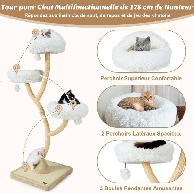 Helloshop26 - Arbre à chat 178 cm avec cadre en métal incurvé tour à chat avec 3 balles suspendues 3 perchoirs griffoir en sisal beige - Imagen 2